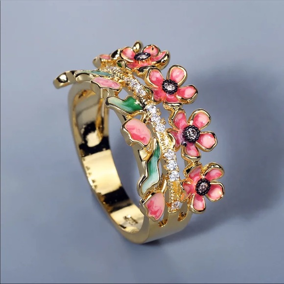 🎊HP🎉 18k Gold Plated Pink Flower Garden Ring - Picture 2 of 5